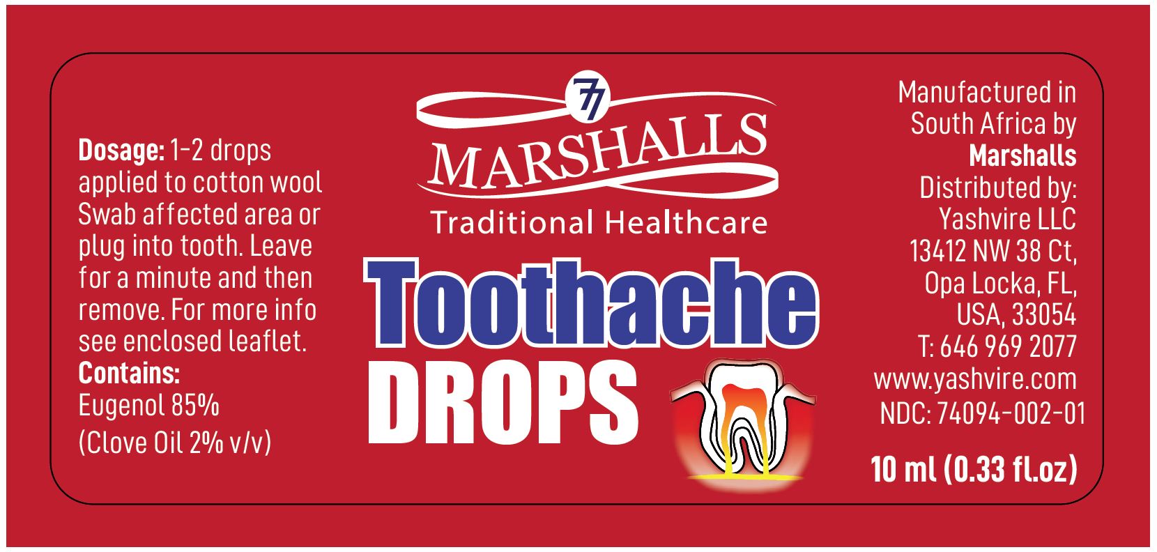 Marshall Toothache Drops - 10 ml (0.33 fl.oz) - NDC 74094-002-01 - Container