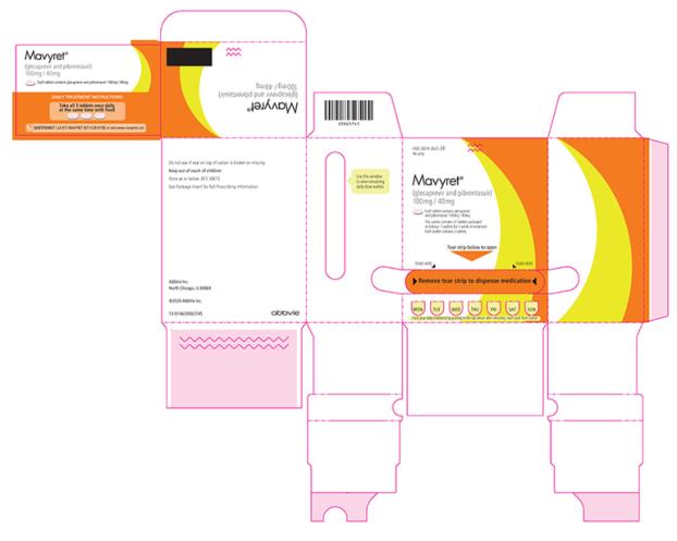 PRINCIPAL DISPLAY PANEL
NDC 0074-2625-28
Rx only
Mavyret®
(glecaprevir and pibrentasvir)
100mg / 40mg
Each tablet contains glecaprevir and pibrentasvir 100mg / 40mg
This carton contains 21 tablets packaged as follows:
7 wallets for 1 week of treatment. 
Each wallet contains 3 tablets.
Do not use if seal on top of carton is broken or missing
Keep out of reach of children
Store at or below 30°C (86°F)
See Package Insert for full Prescribing Information
AbbVie Inc.
North Chicago, IL 60064
©2020 AbbVie Inc.
abbvie
