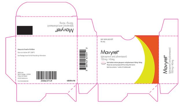 PRINCIPAL DISPLAY PANEL
NDC 0074-2625-01
Rx only
Mavyret®
(glecaprevir and pibrentasvir)
100mg / 40mg
Each tablet contains glecaprevir and pibrentasvir 100mg / 40mg
Please see accompanying full Prescribing Information
Each box contains: 1 wallet of 3 tablets each
Keep out of reach of children
Store at or below 30°C (86°F)
See Package Insert for full Prescribing Information
AbbVie Inc.
North Chicago, IL 60064
Product of Ireland
©2020 AbbVie Inc.
abbvie
