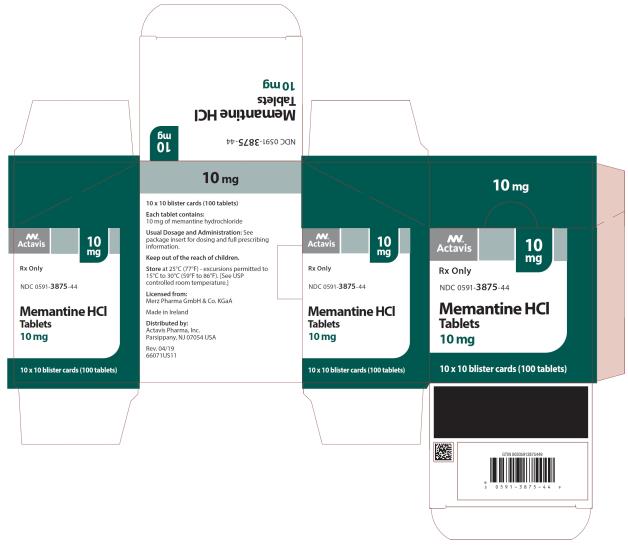 PRINCIPAL DISPLAY PANEL
NDC 0591-3875-44
10 mg
Memantine HCl
Tablets
Actavis
10 x 10 blister cards (100 Tablets)
Rx Only
