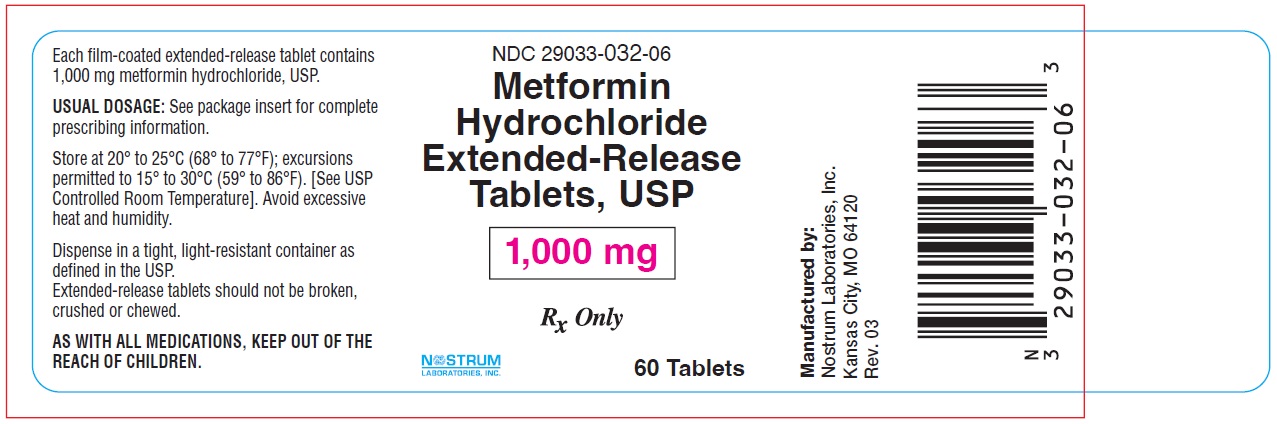 NDC 29033-032-06 Metformin hydrochloride extended-release tablets 1,000 mg/tablet 60 TABLETS Rx only