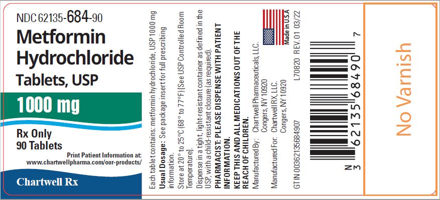 Metformin Hydrochloride Tablets-1000mg-NDC 62135-684-90- 90s Label