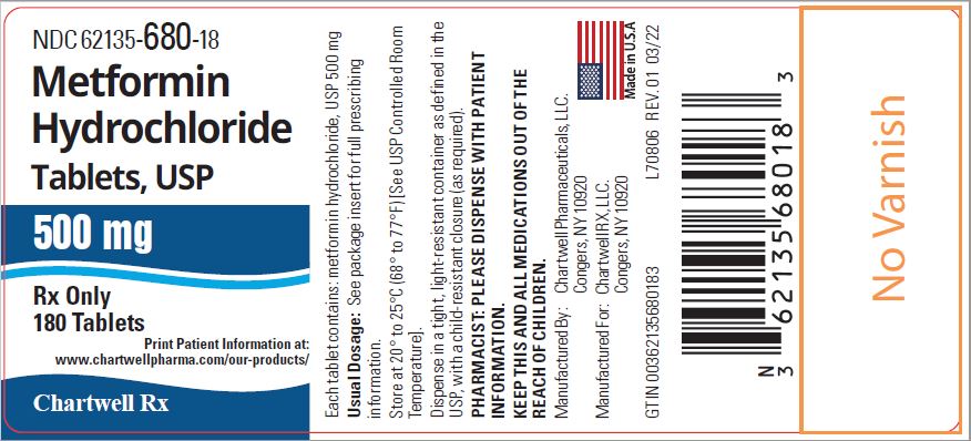 Metformin Hydrochloride Tablets-500mg-NDC  62135-680-18- 180s Label