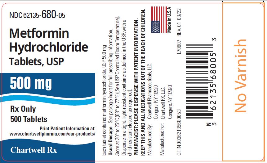 Metformin Hydrochloride Tablets-500mg-NDC 62135-680-05- 500s Label