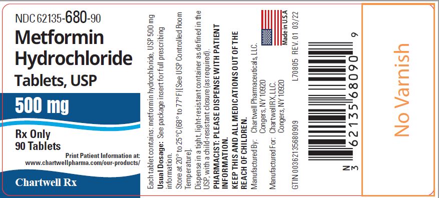 Metformin Hydrochloride Tablets-500mg-NDC 62135-680-90- 90s Label