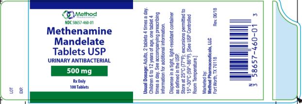 NDC 58657-460-01
Methenamine
Mandelate
Tablets USP
URINARY ANTIBACTERIAL 
500 mg
Rx Only
100 Tablets
