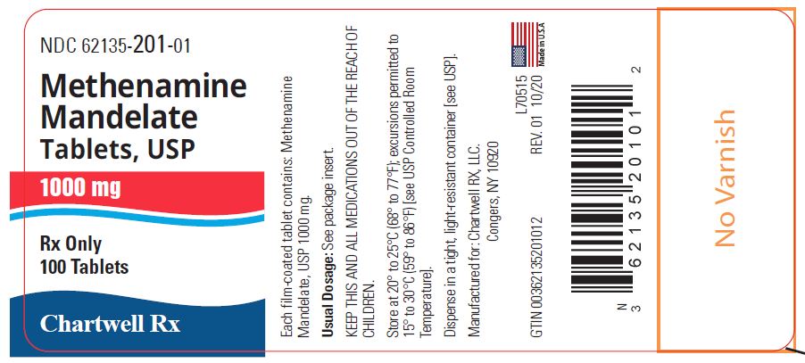 Methenamine Mandelate Tablets, USP 1000 mg - NDC 62135-201-01 - 100 Tablets Label