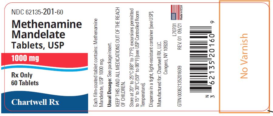 Methenamine Mandelate Tablets, USP 1000 mg - NDC 62135-201-60 - 60 Tablets Label