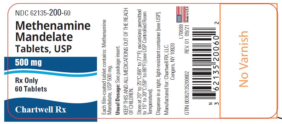 Methenamine Mandelate Tablets, USP 500 mg - NDC 62135-200-60 - 60 Tablets Label