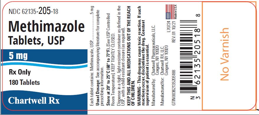 Methimazole Tablets, USP 5 mg - NDC 62135-205-18 - 180 Tablets Label