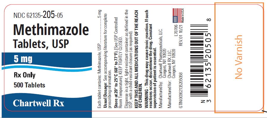 Methimazole Tablets, USP 5 mg - NDC 62135-205-18 - 500 Tablets Label