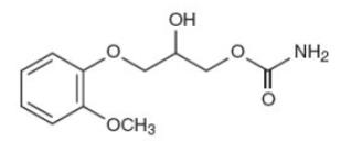 The chemical name of methocarbamol is 3-(2-methoxyphenoxy)-1, 2-propanediol 1-carbamate and has the empirical formula C11H15NO5. Its molecular weight is 241.24.
The structural formula is shown below.
