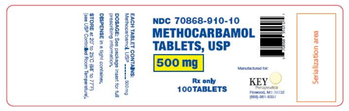 NDC 70868-910-10 

METHOCARBAMOL
TABLETS, USP
500 mg

Rx only
100 TABLETS 

EACH TABLET CONTAINS: 
Methocarbamol, USP ………. 500 mg

DOSAGE: See package insert for full prescribing information.

DISPENSE in a tight container

STORE at 20 to 25°C (68° to 77°F) 
[see USP Controlled Room Temperature].

Manufactured for: 
KEY therapeutics 
Flowood, MS 39232 
(888)-981-8337
