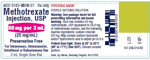 NDC 0143-9519-01 Methotrexate Injection, USP 50 mg per 2 mL (25 mg/mL), 2 mL Single Dose vial