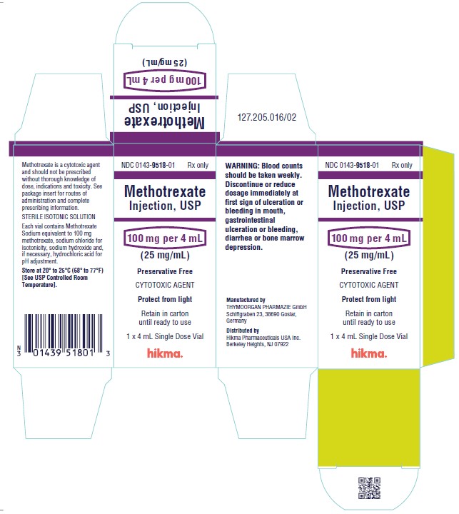 NDC 0143-9516-01 Methotrexate Injection, USP, 250 mg per 10 mL (25 mg/mL), 10 mL Single Dose Vail