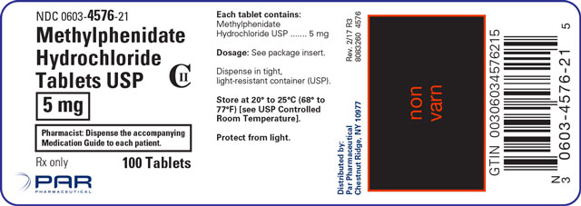 An image of the Methylphenidate Hydrochloride Tablets USP 5 mg 100 Tablets label.