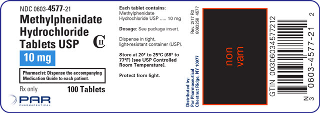 An image of the Methylphenidate Hydrochloride Tablets USP 10 mg 100 Tablets label.