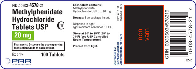 An image of the Methylphenidate Hydrochloride Tablets USP 20 mg 100 Tablets label.