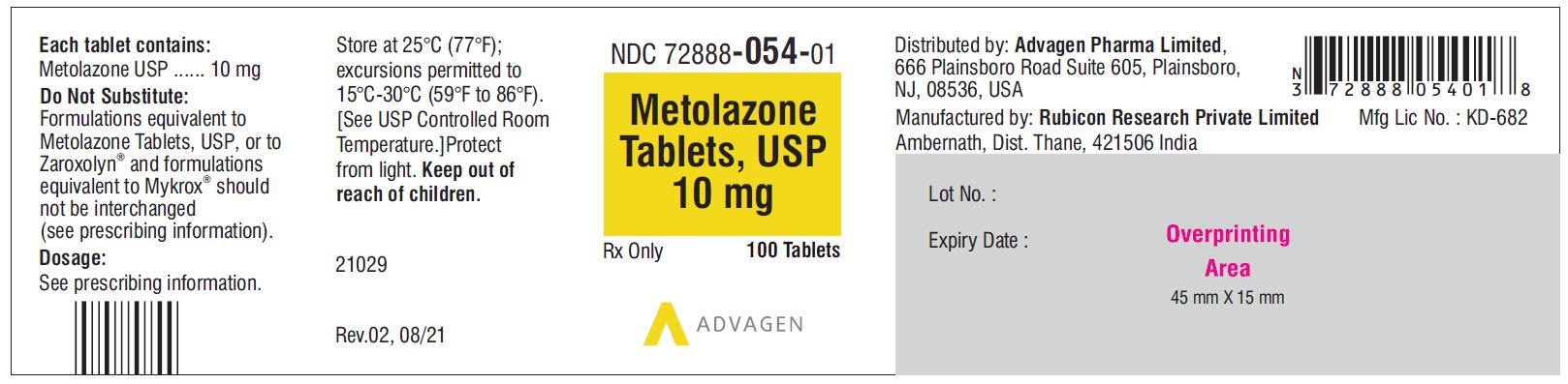 Metolazone Tablets USP, 10mg - NDC 72888-054-01 - 100 Tablets Bottle Label