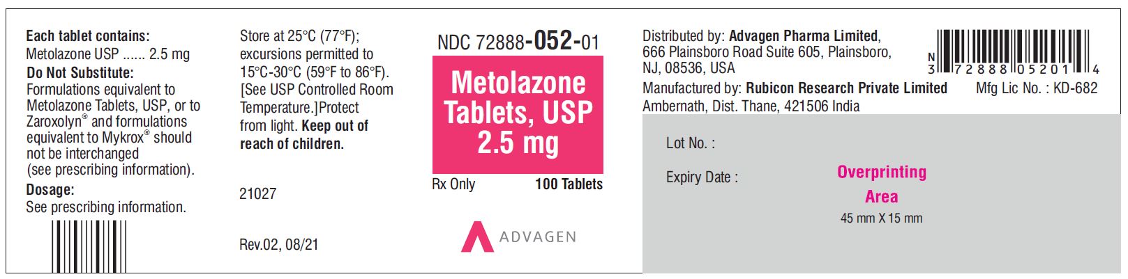 Metolazone Tablets USP, 2.5mg - NDC 72888-052-01 - 100 Tablets Bottle Label