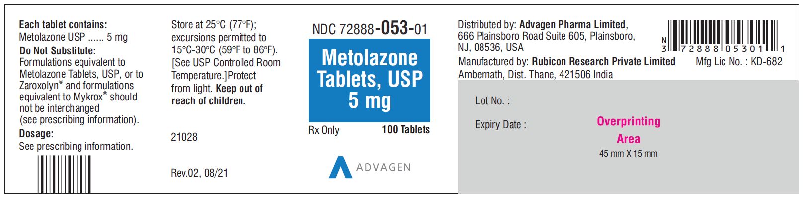 Metolazone Tablets USP, 5mg - NDC 72888-053-01 - 100 Tablets Bottle Label