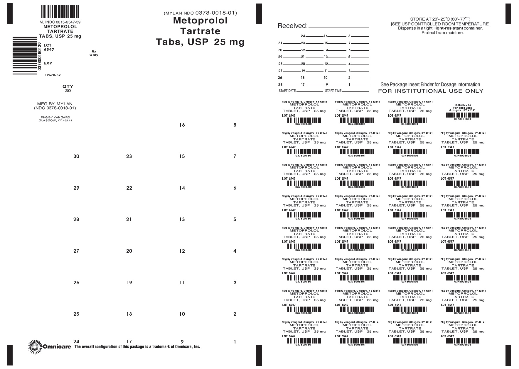 Metoprolol Tartrate Tabs, USP 25mg bingo card label