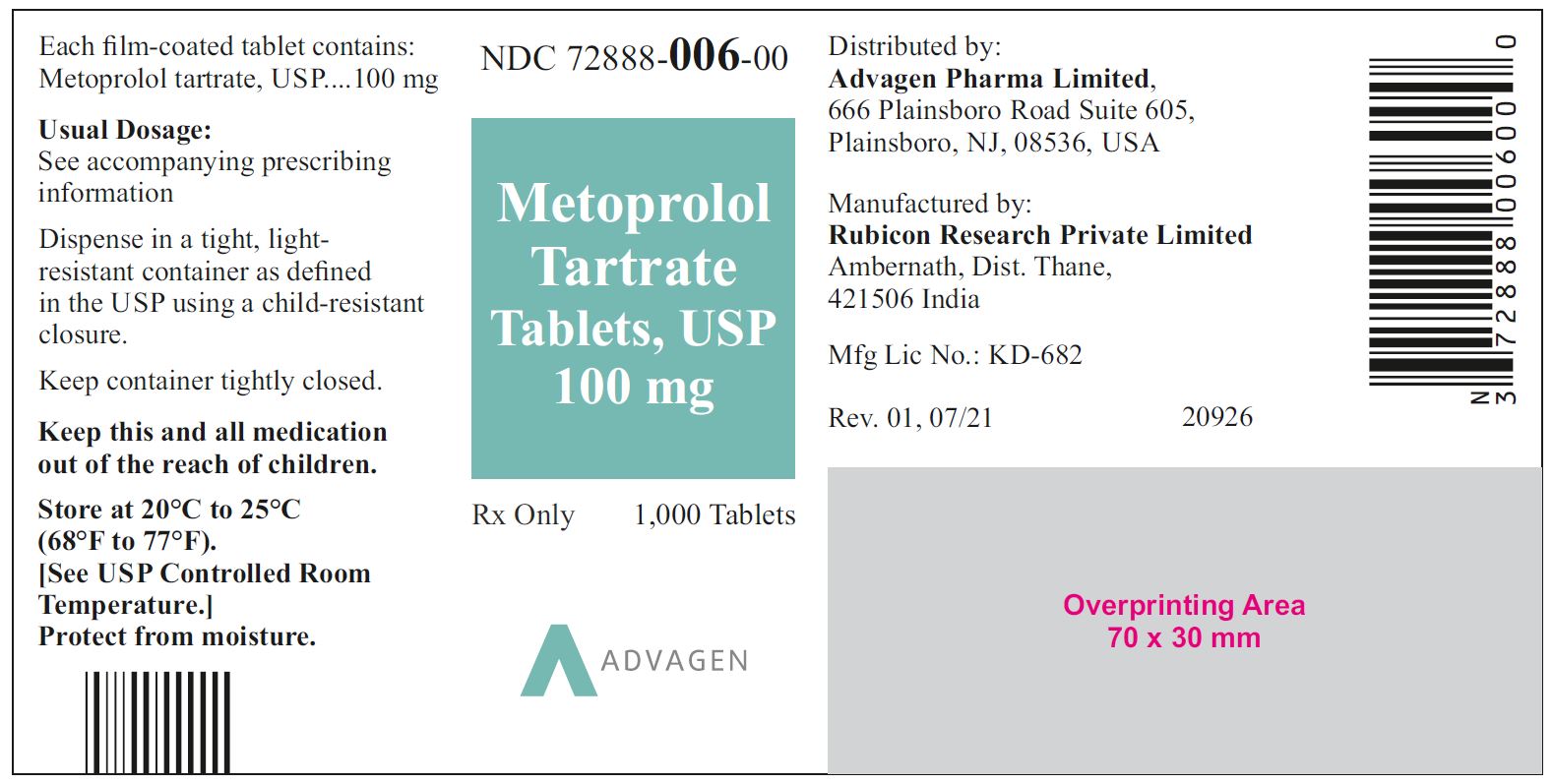 NDC 72888-006-00 - Metoprolol Tartrate Tablets, USP 100 mg - 1000 Tablets