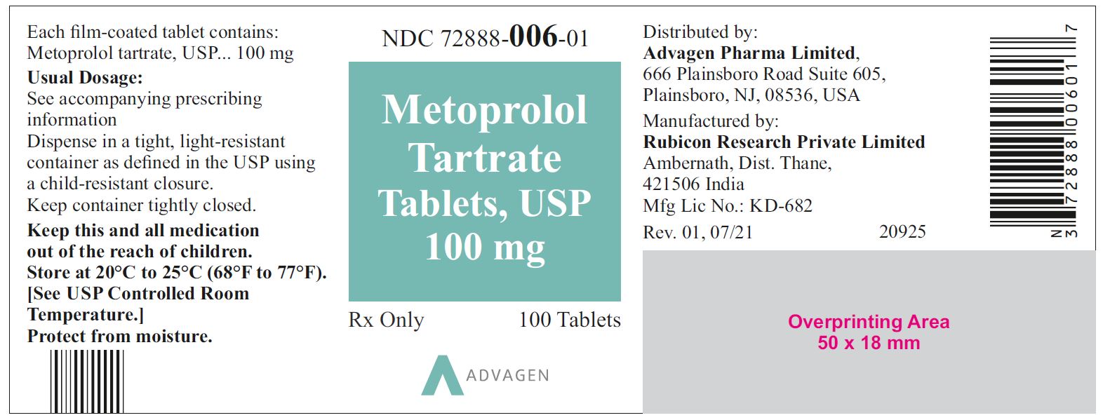 NDC 72888-006-01 - Metoprolol Tartrate Tablets, USP 100 mg - 100 Tablets