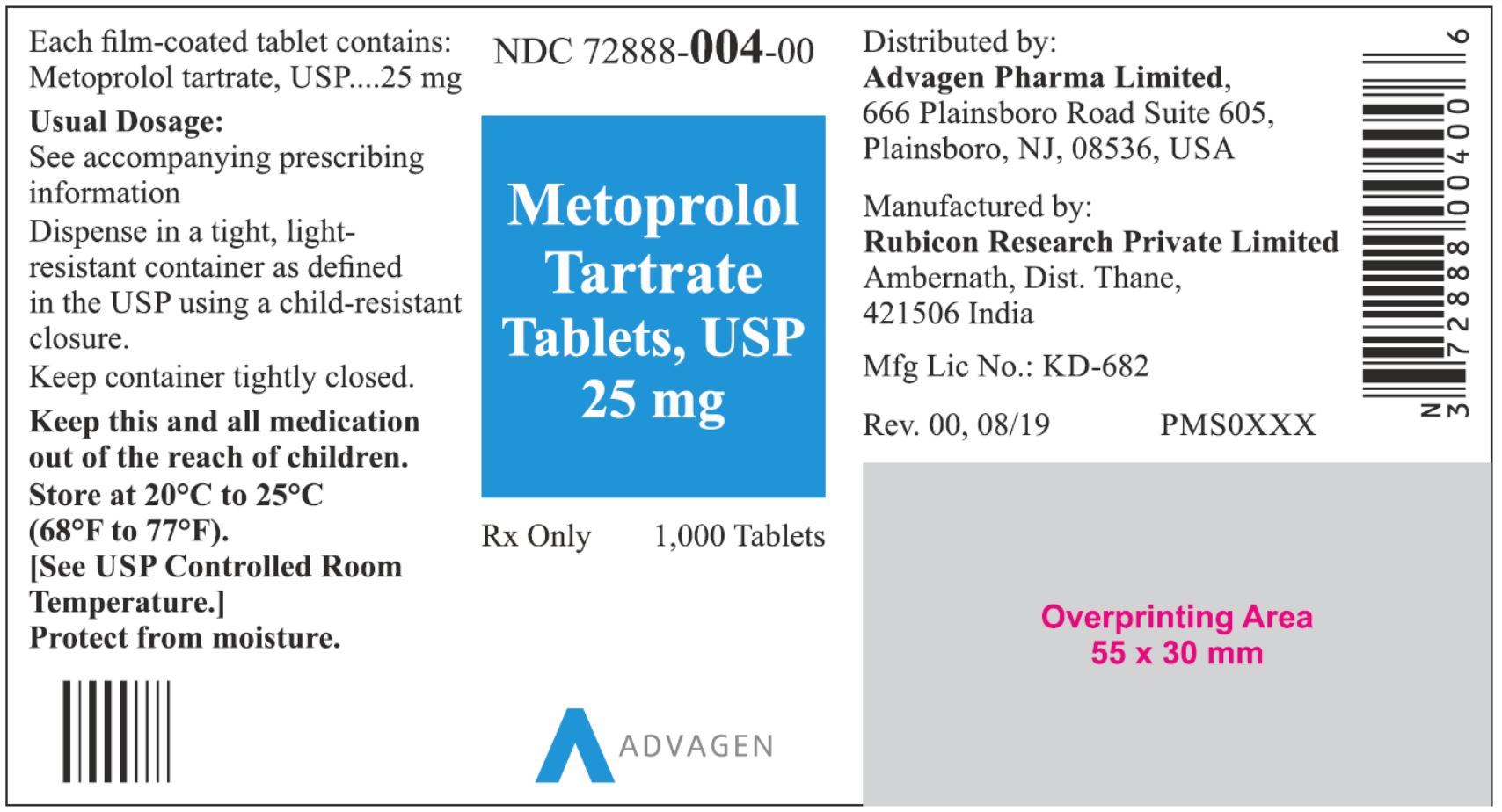 NDC 72888-004-00 - Metoprolol Tartrate Tablets, USP 25 mg - 1000 Tablets