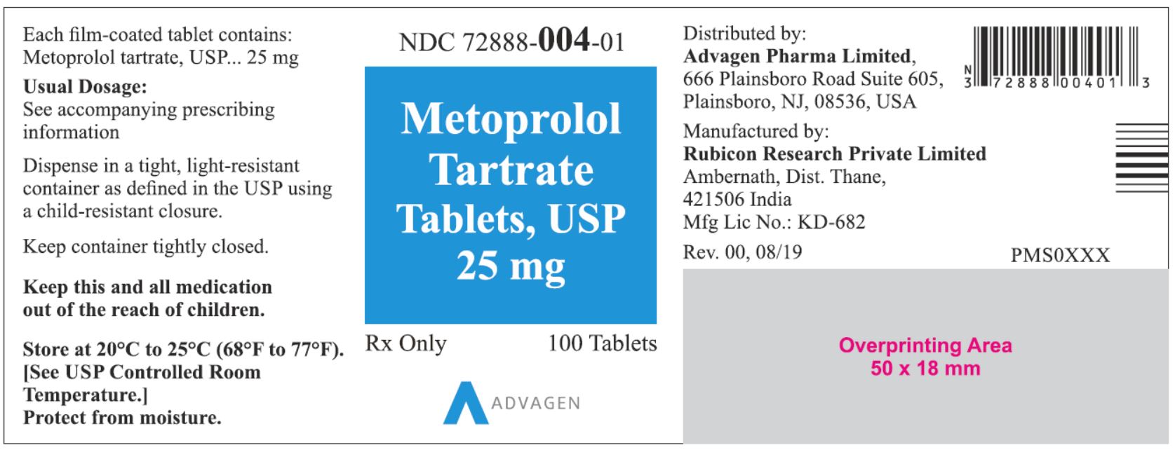 NDC 72888-004-01 - Metoprolol Tartrate Tablets, USP 25 mg - 100 Tablets