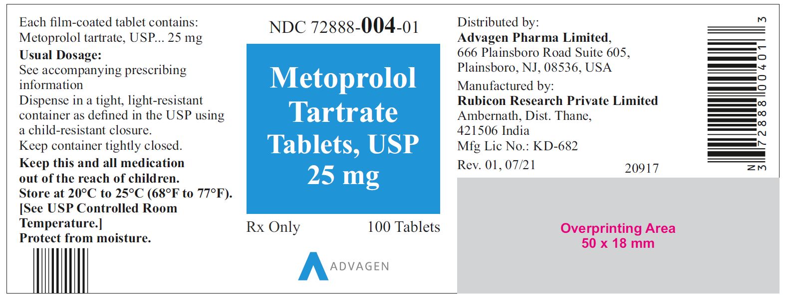 NDC 72888-004-01 - Metoprolol Tartrate Tablets, USP 25 mg - 100 Tablets