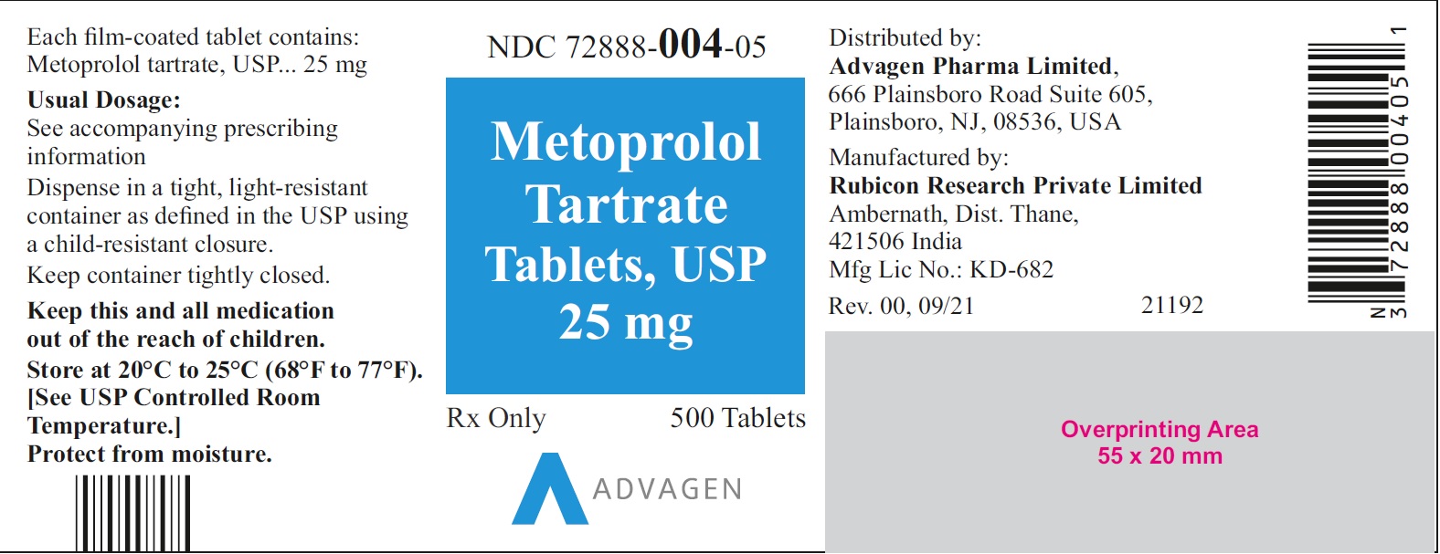 NDC 72888-004-05 - Metoprolol Tartrate Tablets, USP 25 mg - 500 Tablets