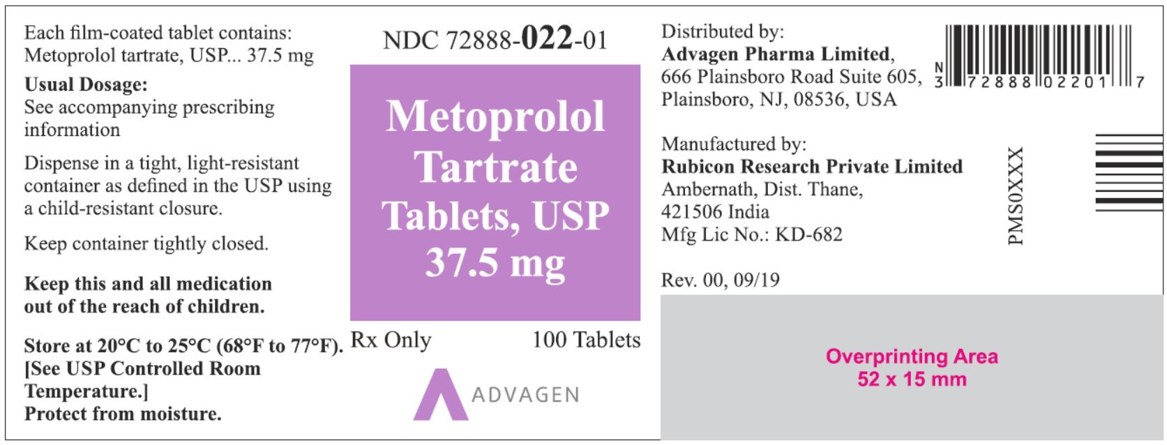 NDC 72888-022-01 - Metoprolol Tartrate Tablets, USP 37.5 mg - 100 Tablets