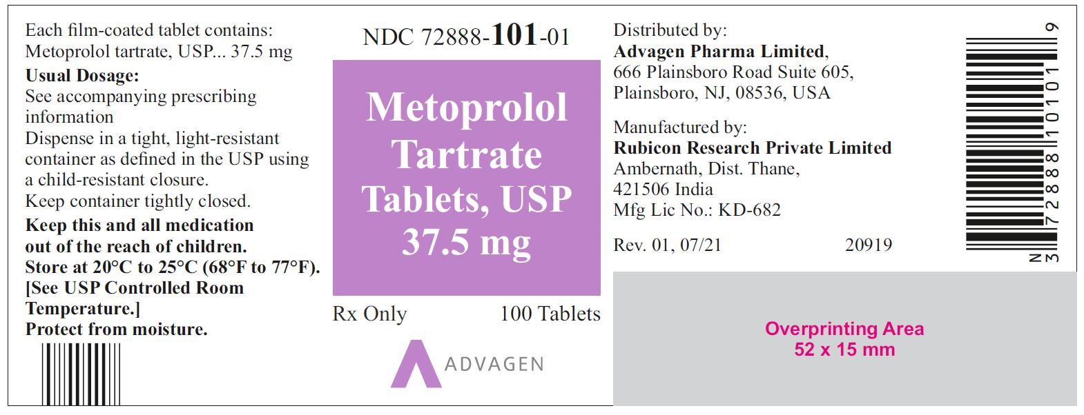 NDC 72888-101-01 - Metoprolol Tartrate Tablets, USP 37.5 mg - 100 Tablets
