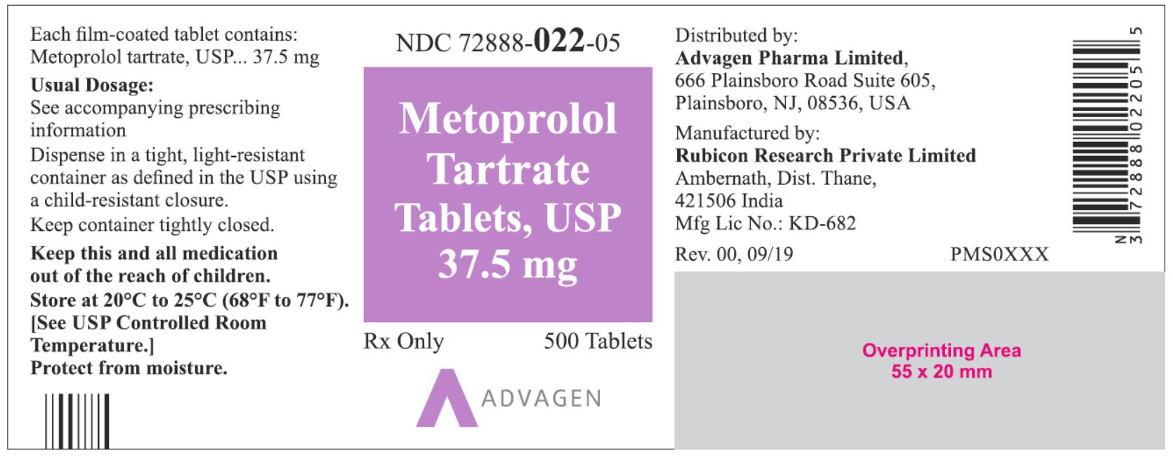 NDC 72888-022-05 - Metoprolol Tartrate Tablets, USP 37.5 mg - 500 Tablets