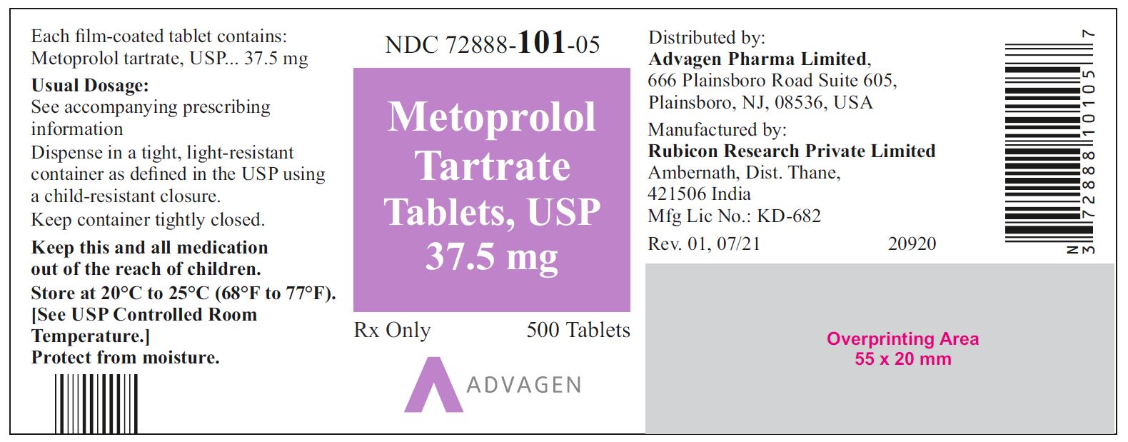 NDC 72888-101-05 - Metoprolol Tartrate Tablets, USP 37.5 mg - 500 Tablets
