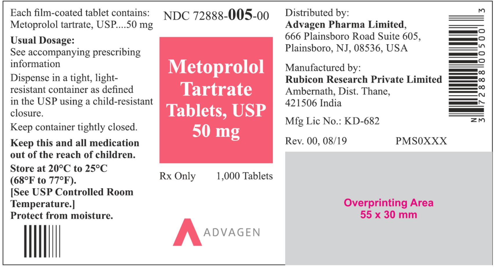 NDC 72888-005-00 - Metoprolol Tartrate Tablets, USP 50 mg - 1000 Tablets
