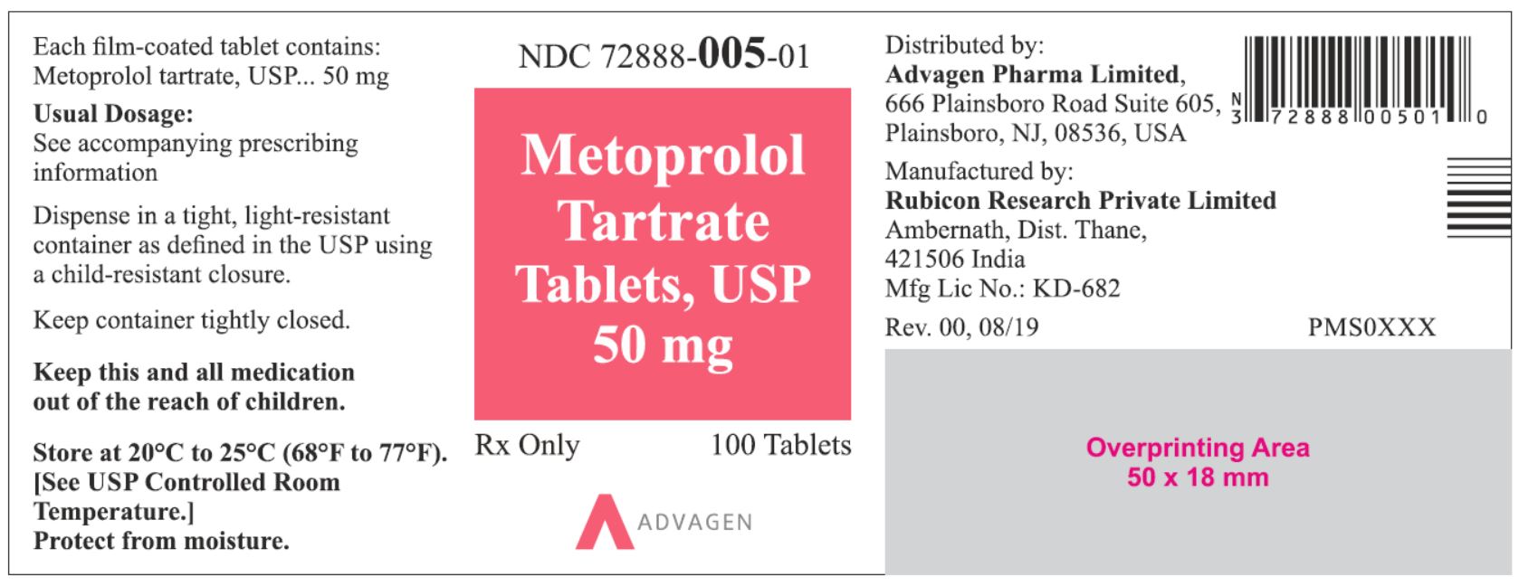 NDC 72888-005-01 - Metoprolol Tartrate Tablets, USP 50 mg - 100 Tablets