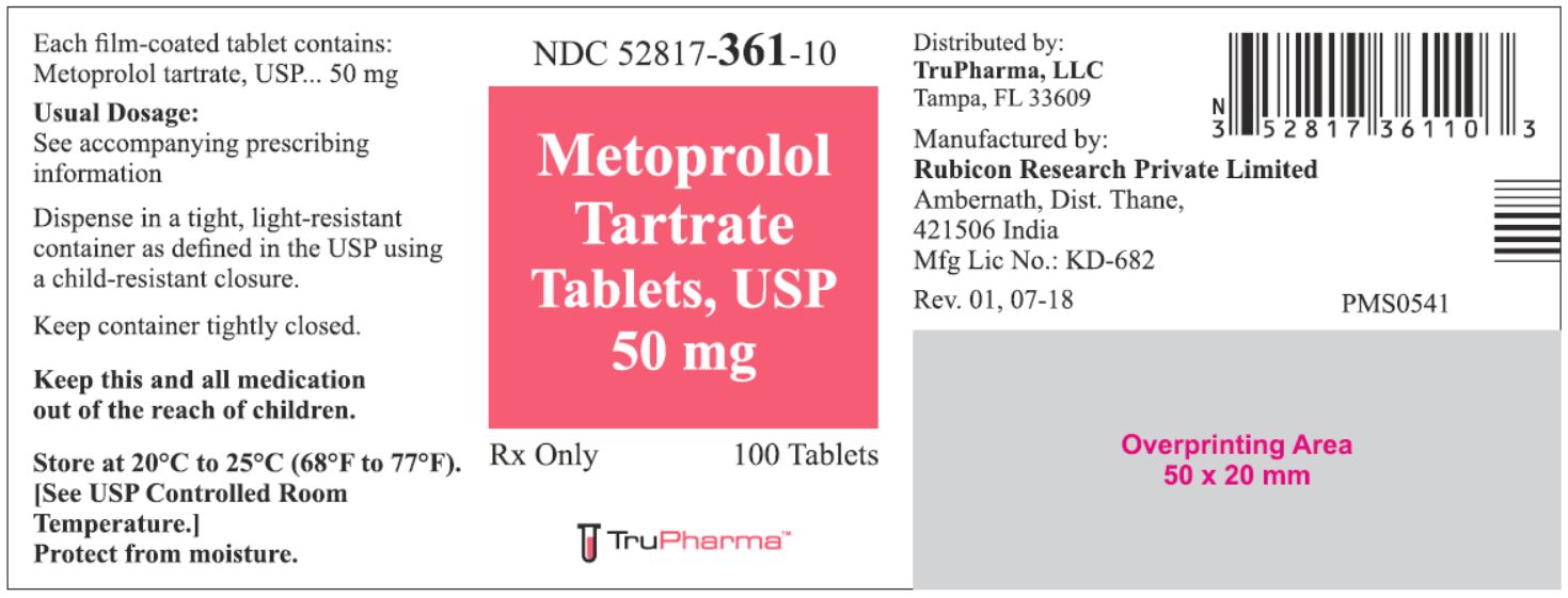 Metoprolol Tartrate Tablets, USP 50 mg - 100 Tablets - NDC 52817-361-10