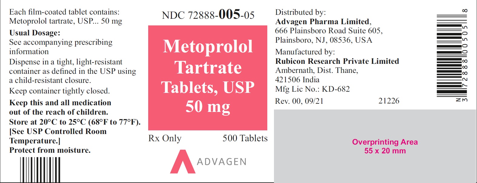 NDC 72888-005-05 - Metoprolol Tartrate Tablets, USP 50 mg - 500 Tablets