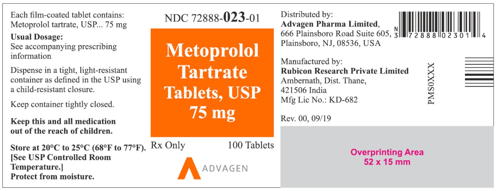 NDC 72888-023-01 - Metoprolol Tartrate Tablets, USP 75 mg - 100 Tablets