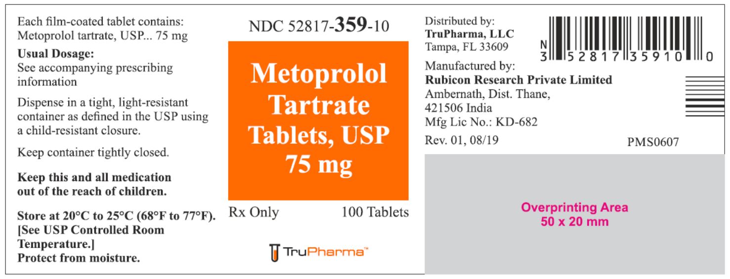 Metoprolol Tartrate Tablets, USP 75 mg - 100 Tablets - NDC 52817-359-10