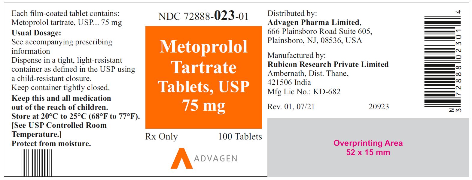 NDC 72888-023-01 - Metoprolol Tartrate Tablets, USP 75 mg - 100 Tablets