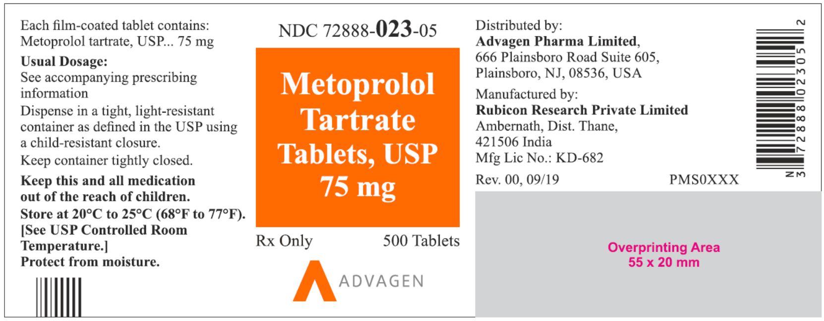 NDC 72888-023-05 - Metoprolol Tartrate Tablets, USP 75 mg - 500 Tablets