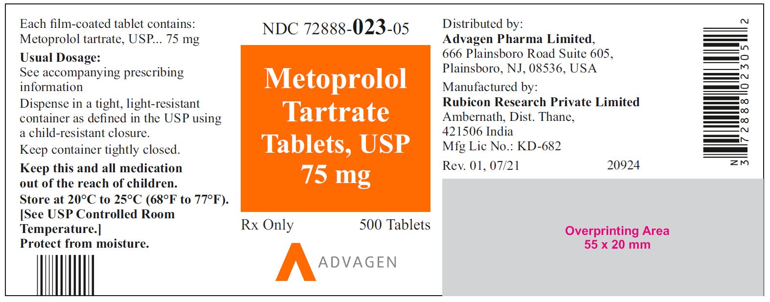 NDC 72888-023-05 - Metoprolol Tartrate Tablets, USP 75 mg - 500 Tablets