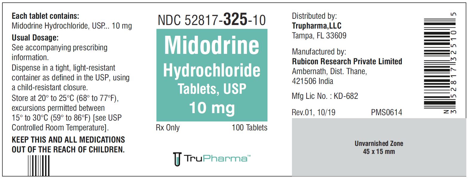 Midodrine Hydrochloride Tablets, USP 10mg - 100 Tablets - NDC 52817-325-10