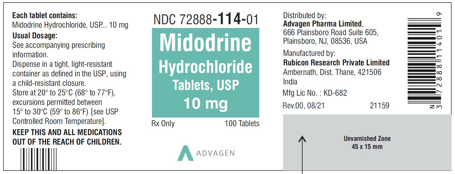Midodrine Hydrochloride Tablets, USP 10mg - 100 Tablets - NDC 72888-114-01