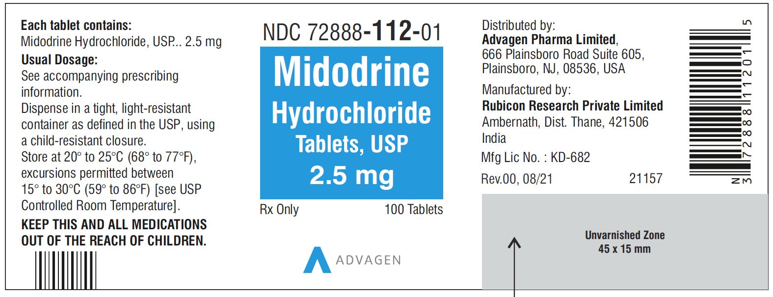 Midodrine Hydrochloride Tablets, USP 2.5mg - 100 Tablets - NDC 72888-112-01