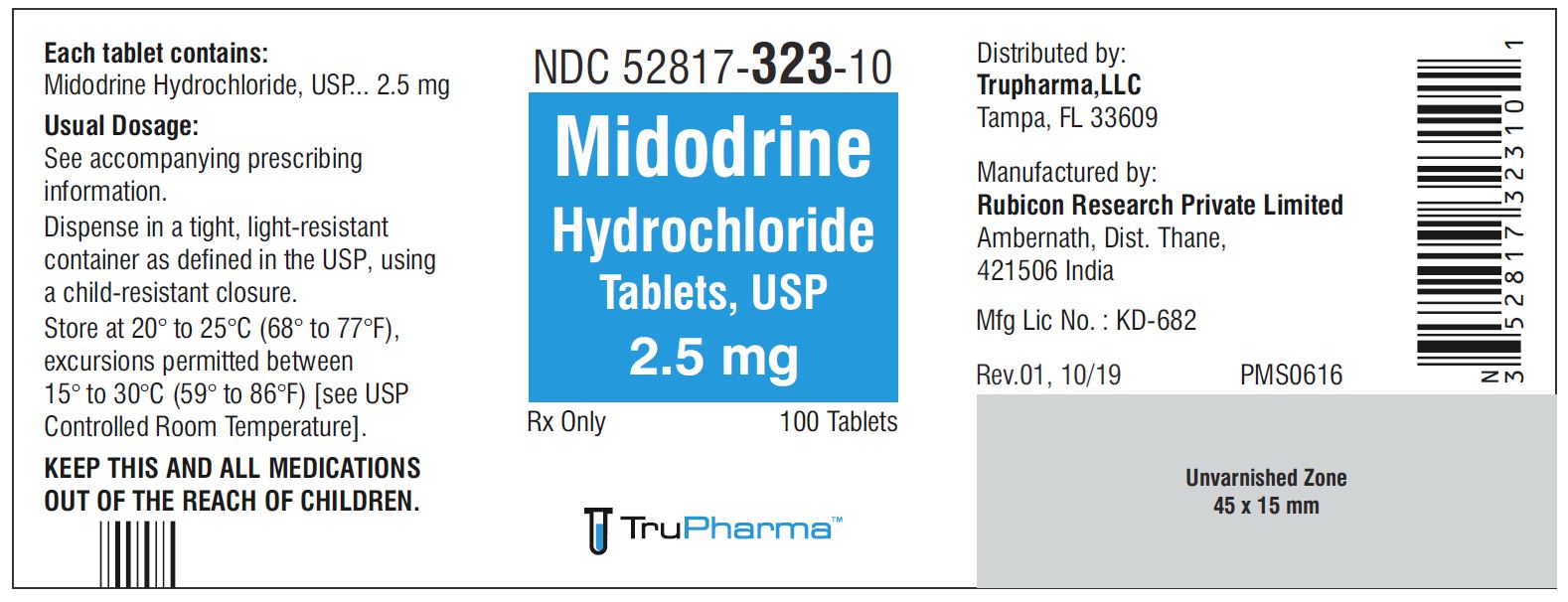 Midodrine Hydrochloride Tablets, USP 2.5mg - 100 Tablets - NDC 52817-323-10
