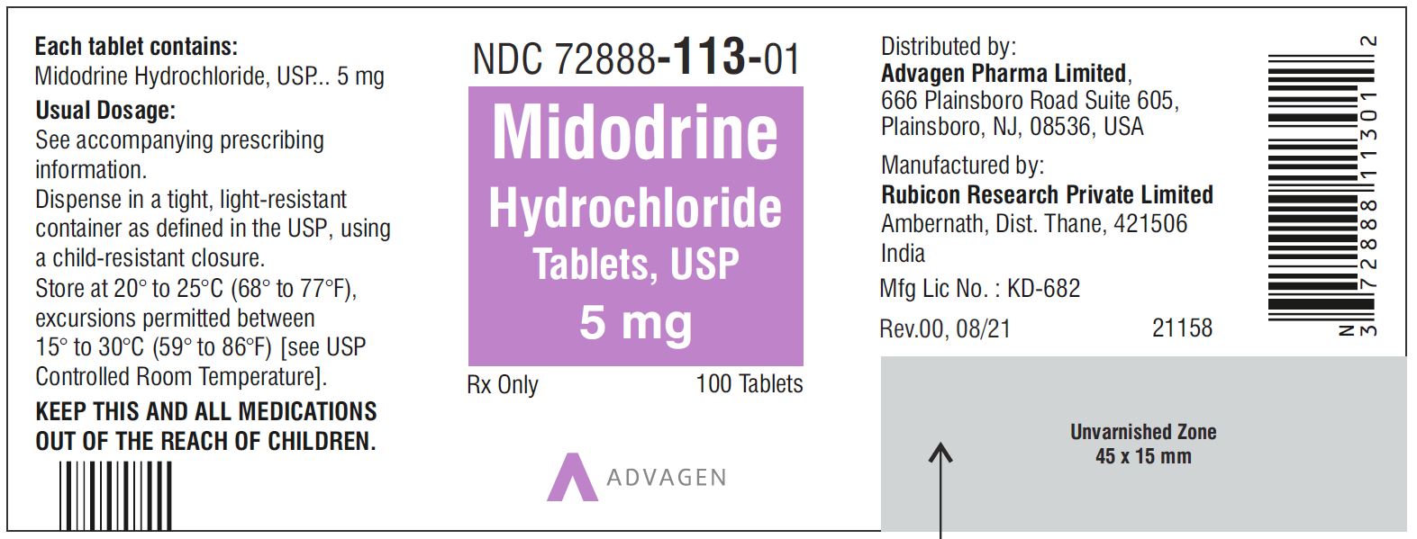 Midodrine Hydrochloride Tablets, USP 5mg - 100 Tablets - NDC 72888-113-01